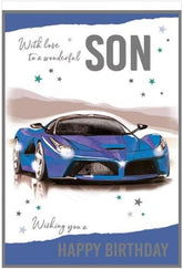 Happy Birthday' Greetings Card - Blue Sports Car - From The Alpha Range