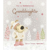 Boofle stood outside in the snow with trees-Granddaughter (55)