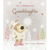 Boofle stood outside in the snow with trees-Granddaughter (55)