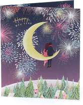 Couple Sitting On Half Moon New Year Christmas Card