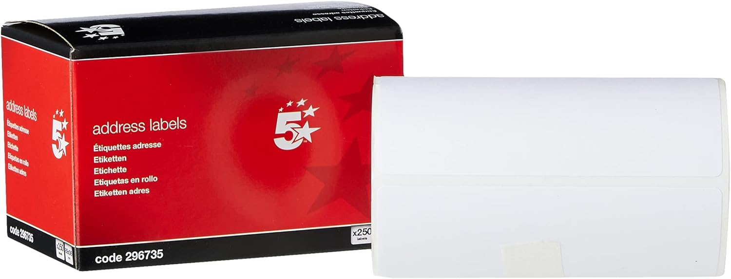 Roll of 250 5 Star Office Address Labels, 89x36mm, featuring blank adhesive labels for mailing and organizing purposes.