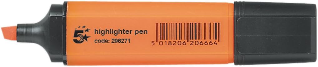 Pack of 12 5 Star Office Orange Highlighters with chisel tips, ideal for marking and highlighting text in documents.