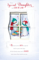 Snowmen Decorating a Tree Daughter & Son In Law Christmas Card