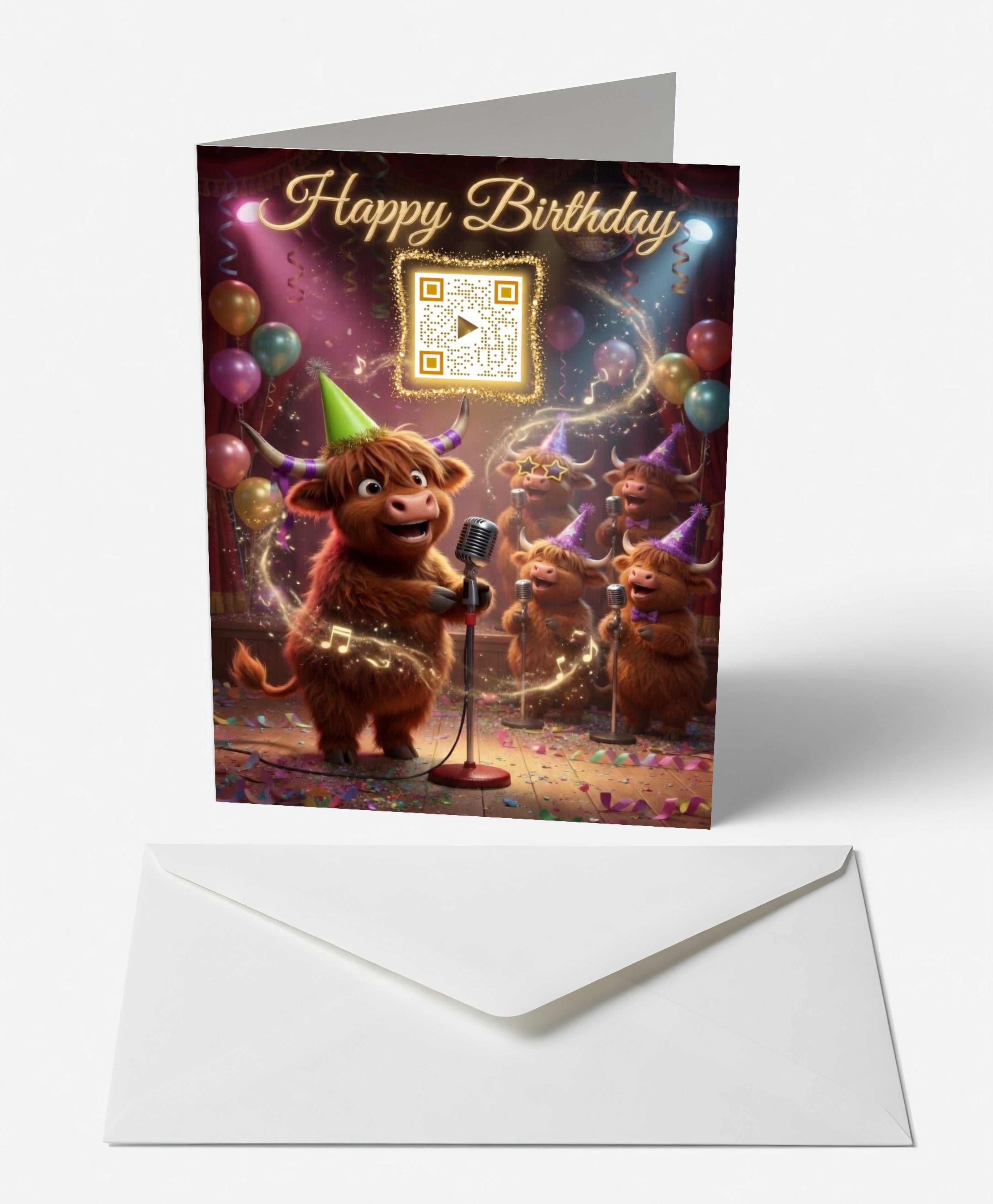 Scanimate | Birthday Card | Harmonious Highland Cow Design | Interactive QR Song | With Envelope | Happy Birthday Greeting Card | Him/Boys/Men Cards Infinity