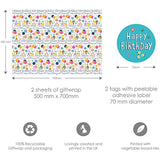 Birthday Pets gift wrap with matching tags, featuring colorful animal illustrations, from Abacus Cards greeting card set.