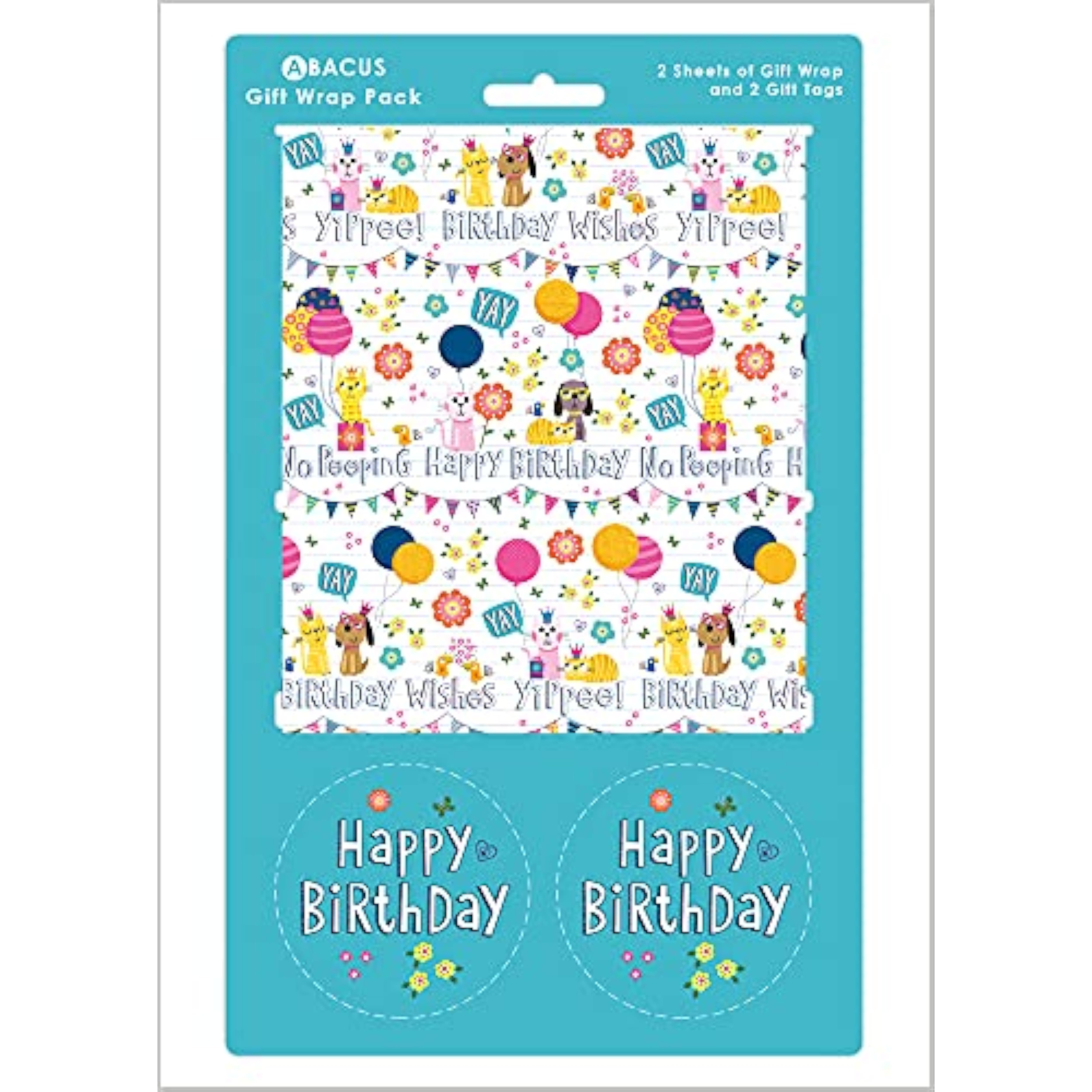 Colorful birthday pet greeting card with matching gift wrap sheets and tags, perfect for celebrating special occasions from Abacus Cards.
