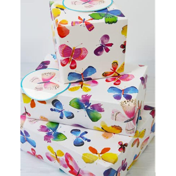 Butterflies-themed gift wrap with 2 sheets and 2 matching tags, featuring colorful butterfly illustrations by Abacus Cards.