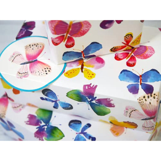 Butterflies gift wrap with two sheets and two tags from Abacus Cards, featuring colorful butterfly patterns on gift wrapping paper.