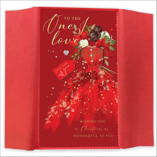 Elegant handcrafted Christmas greeting card featuring a festive figure holding a holiday message, by Abacus Cards.