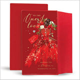 Elegant handcrafted Christmas greeting card featuring a graceful figure holding a holiday card, by Abacus Cards.
