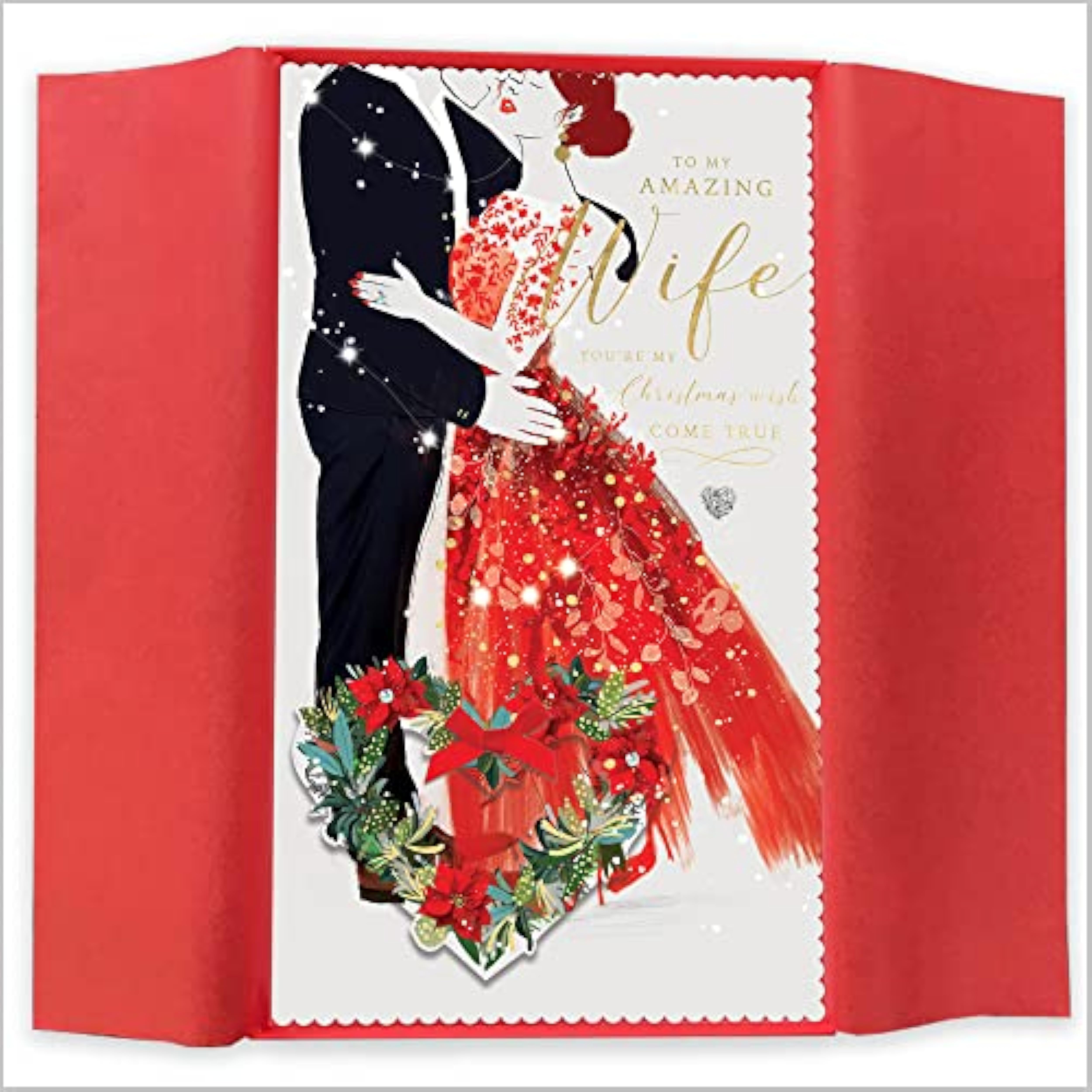 Elegant Embrace Wife Christmas greeting card by Abacus Cards featuring festive holiday love design.