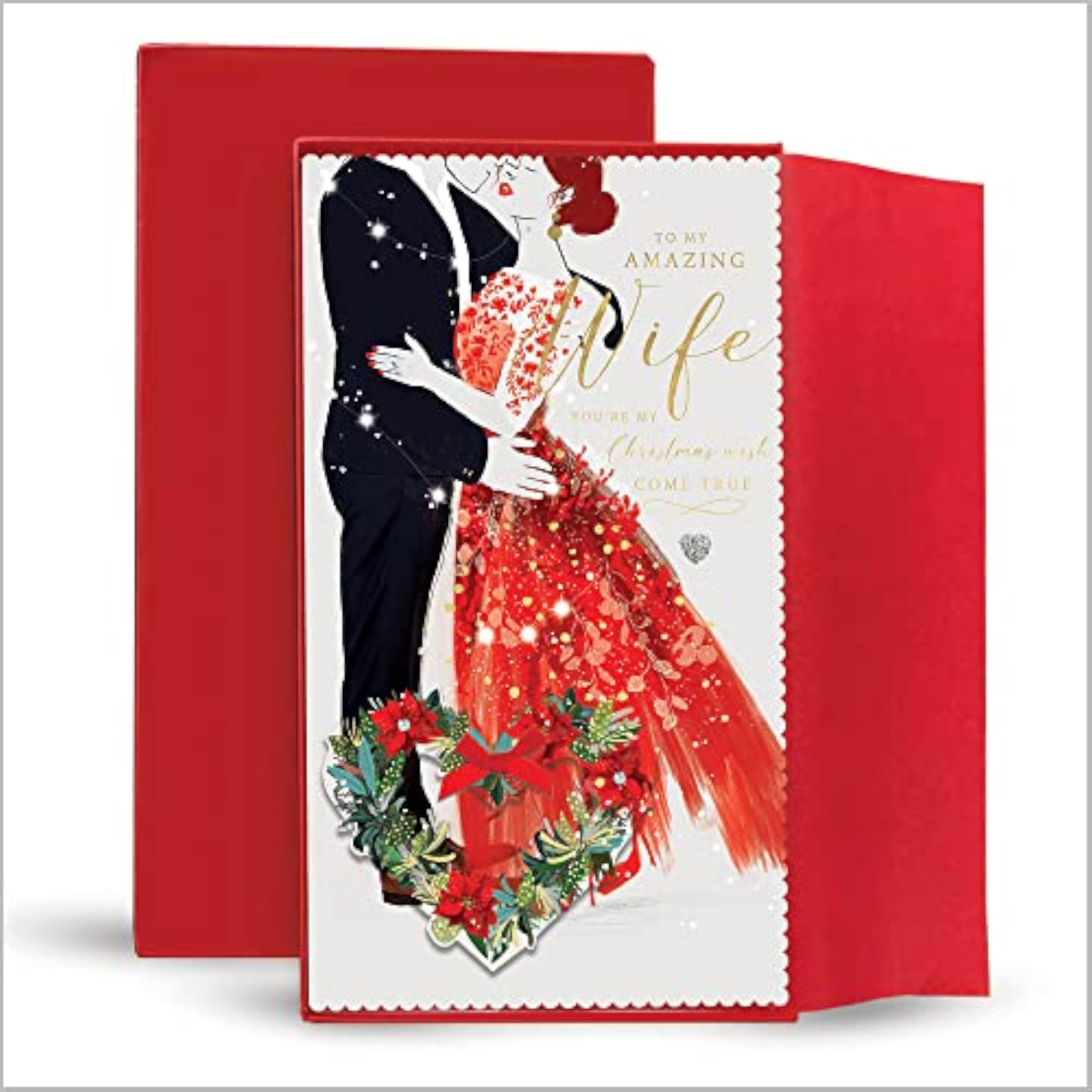 Elegant Christmas greeting card from Abacus Cards featuring a romantic design for celebrating love during the holidays.