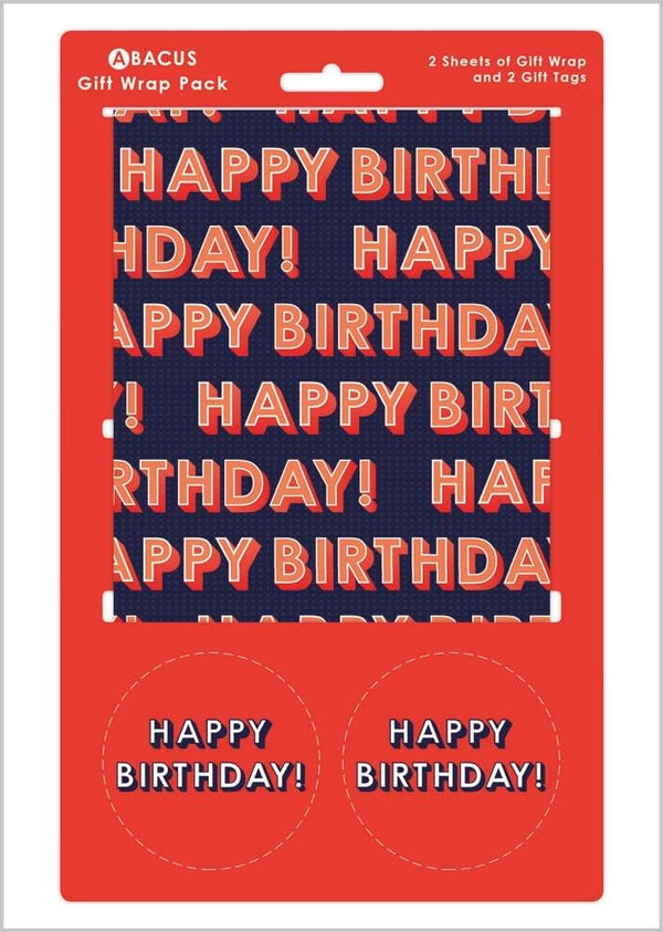 Happy Birthday gift wrap with two sheets and matching tags, colorful greeting card from Abacus Cards, perfect for celebrating.