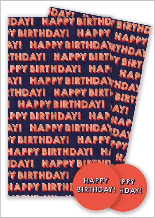 Brightly decorated Happy Birthday greeting card gift wrap with two sheets and two tags from Abacus Cards.