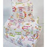 Colorful Happy Birthday greeting card with matching gift wrap and tags from Abacus Cards, featuring cheerful birthday text and designs.