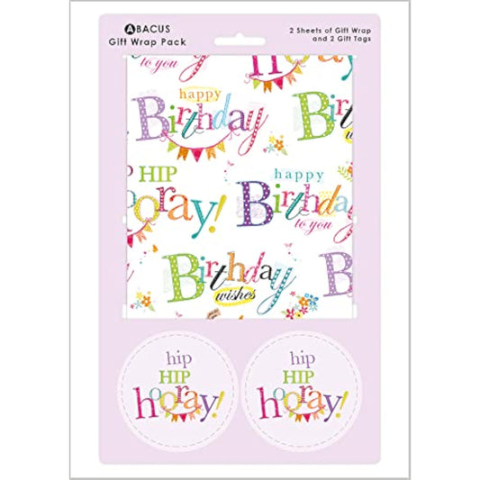 Happy Birthday greeting card with colorful text gift wrap and matching tags, designed by Abacus Cards.