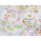 Happy Birthday greeting card with colorful text gift wrap and matching tags, by Abacus Cards.