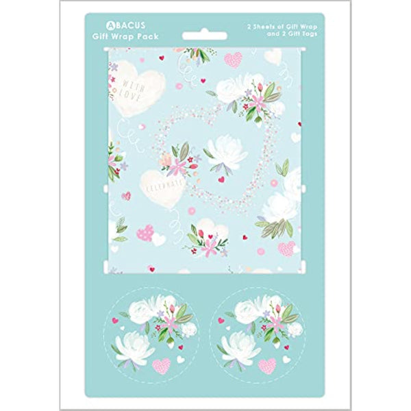 Love Heart and Flowers greeting card set with 2 sheets and 2 tags by Abacus Cards, featuring colorful floral and heart designs.