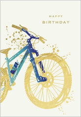 Mountain bike-themed greeting card by Abacus Cards featuring vibrant mountain bike illustration for birthdays.