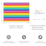 Rainbow stripe gift wrap set from Abacus Cards with colorful greeting cards and matching wrapping paper, vibrant and festive.