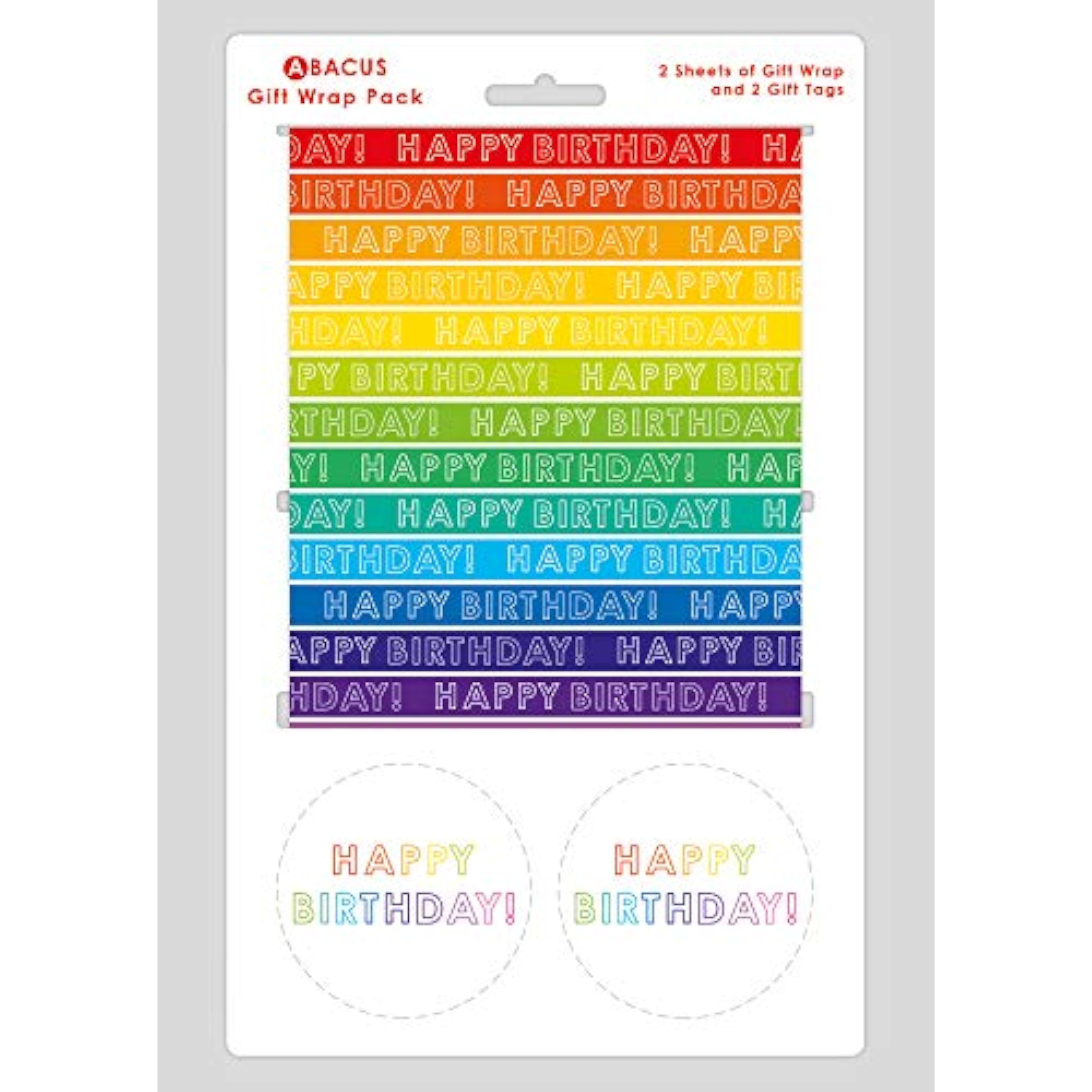 Colorful rainbow stripe gift wrap set with matching greeting card from Abacus Cards, featuring vibrant, festive wrapping paper and card design.
