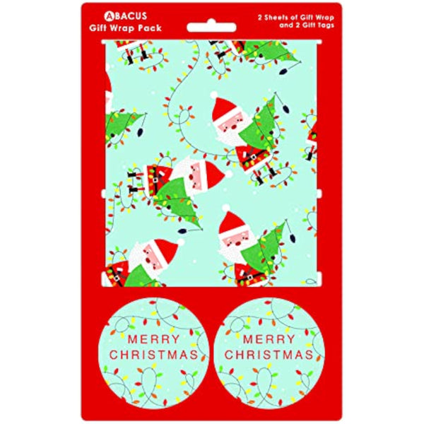 Festive Santa's gift wrap set with two patterned sheets and two matching gift tags by Abacus Cards for holiday gifting.