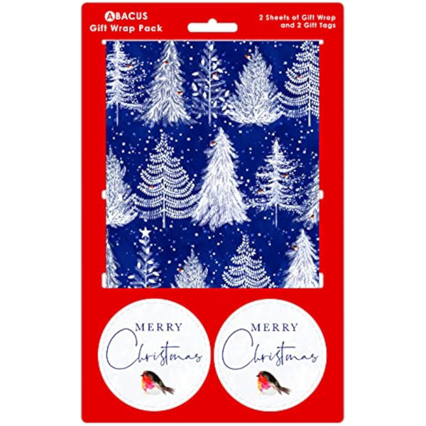 Trees gift wrap set with two sheets and two tags for festive gifting, featuring natural tree illustrations on greeting card-style paper.