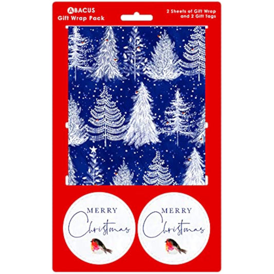 Trees gift wrap set with two sheets and two tags for festive gifting, featuring natural tree illustrations on greeting card-style paper.