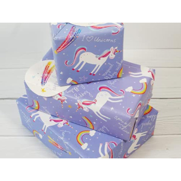 Unicorn-themed gift wrap with 2 sheets and 2 matching tags, featuring colorful unicorn illustrations for greeting cards.