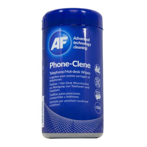 AF International Phoneclene Hygienic Wipes tub with 100 cleaning wipes for sanitizing and disinfecting electronic devices.