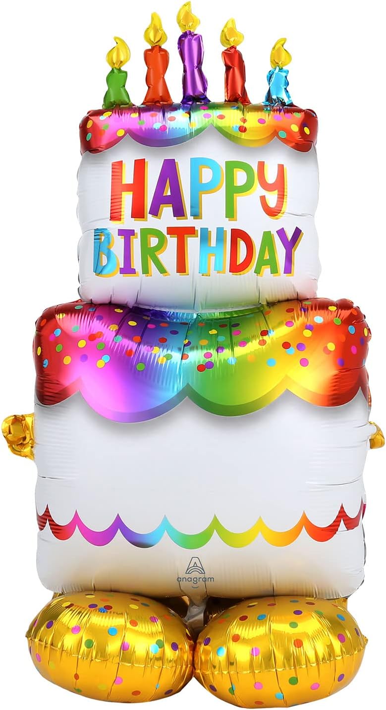 Silver birthday cake foil balloon by Anagram with colorful birthday-themed designs, perfect for celebration decorations.