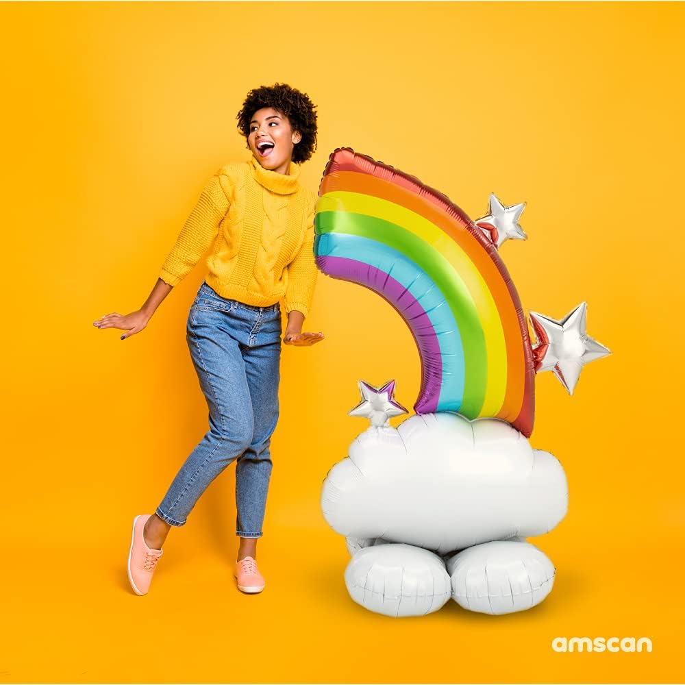 Colorful rainbow foil balloon from Anagram, featuring vibrant rainbow stripes and a shiny metallic surface.