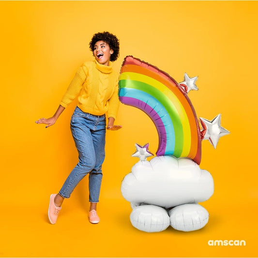 Colorful rainbow foil balloon from Anagram, featuring vibrant rainbow stripes and a shiny metallic surface.