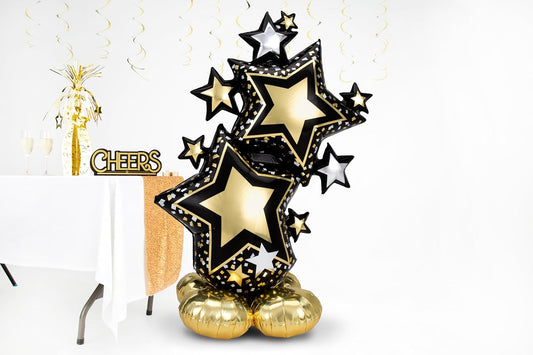 Blackgold foil star cluster balloon by Anagram, featuring shiny metallic star-shaped balloons for celebrations.