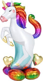 Colorful unicorn foil balloon from Anagram with vibrant rainbow and star details, floating against a white background.