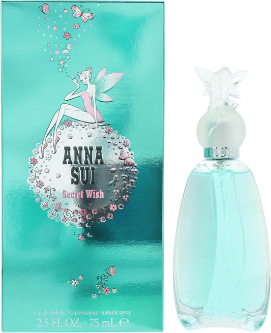 Anna Sui Secret Wish Eau de Toilette spray for women, 75ml, featuring floral and fruity fragrance notes in a decorative bottle.
