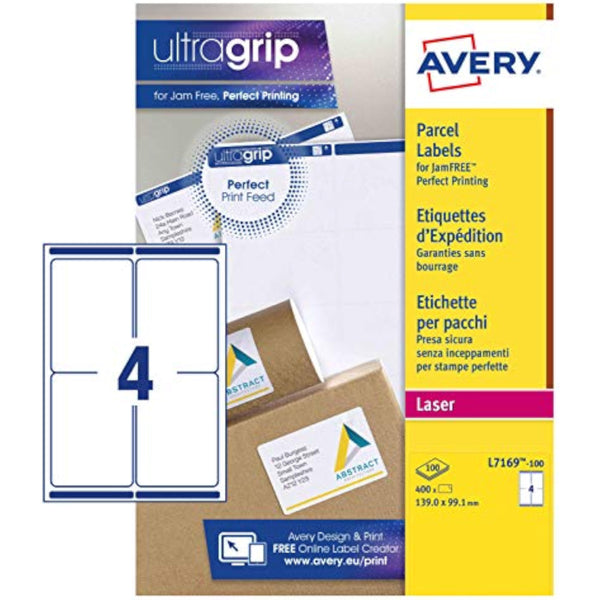 Avery L7 Labels 99.1 x 139 mm on a greeting card, featuring white Avery brand labels with adhesive backing.