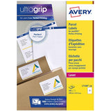 Avery L7 Labels 99.1 x 139 mm on a greeting card with white (Bianco) background, showcasing the label design and size.