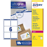 Avery greeting card labels, 99.1 x 93.1 mm, with adhesive backing, shown on a flat surface in the image.