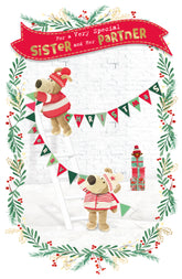Boofles standing on ladder hanging -Sister & Partner Christmas Card