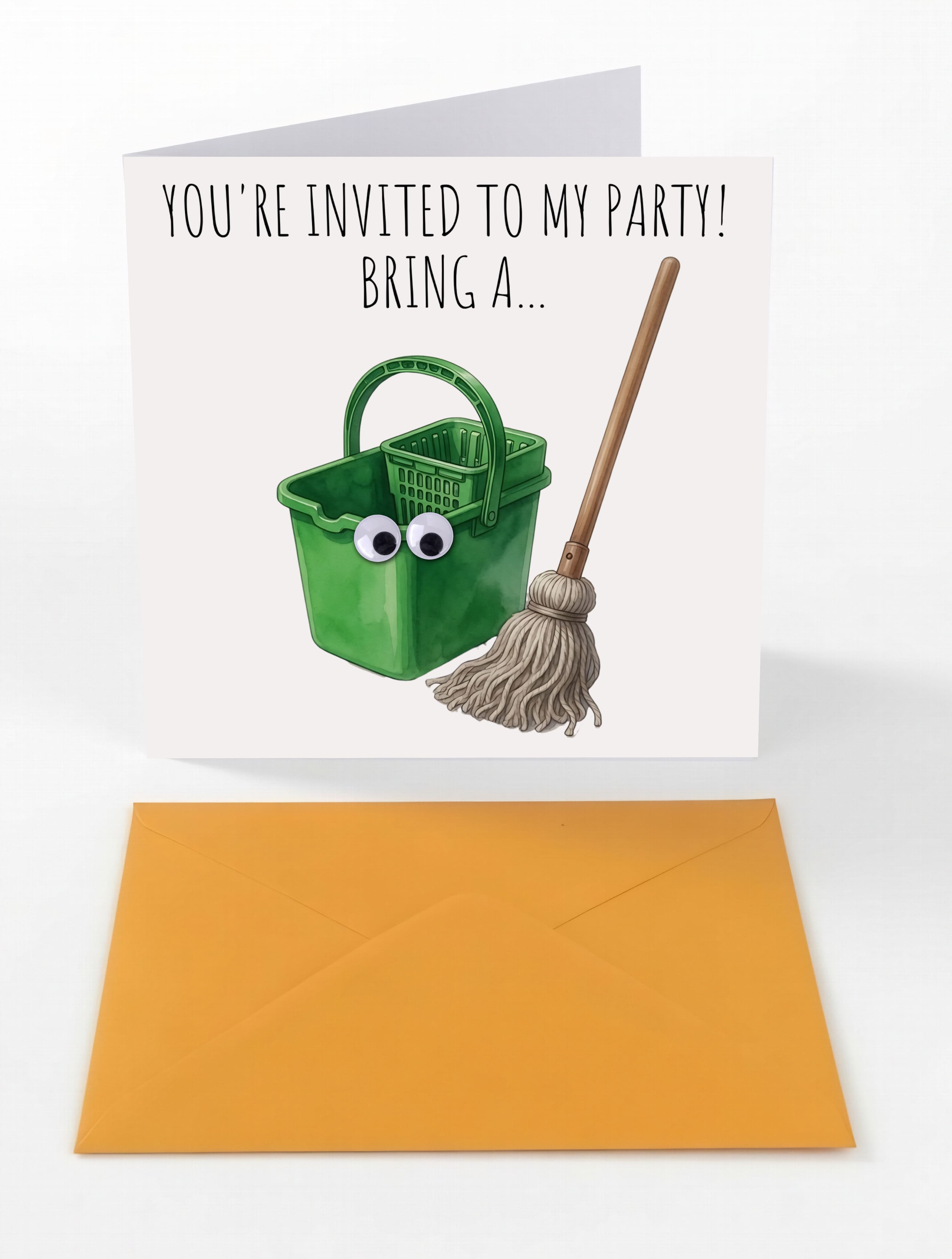 Googly Cards Funny "You're Invited to My Party! Bring a..." Party Invitation Card with Googly Eyes and Orange Envelope