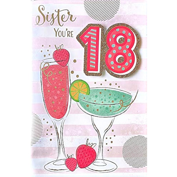 BGC Sister You're 18 birthday greeting card with colorful floral design and heartfelt message for celebrating sisters.