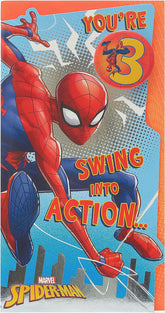 Marvel Spiderman You're 3 Swing into Action Birthday Card with Badge