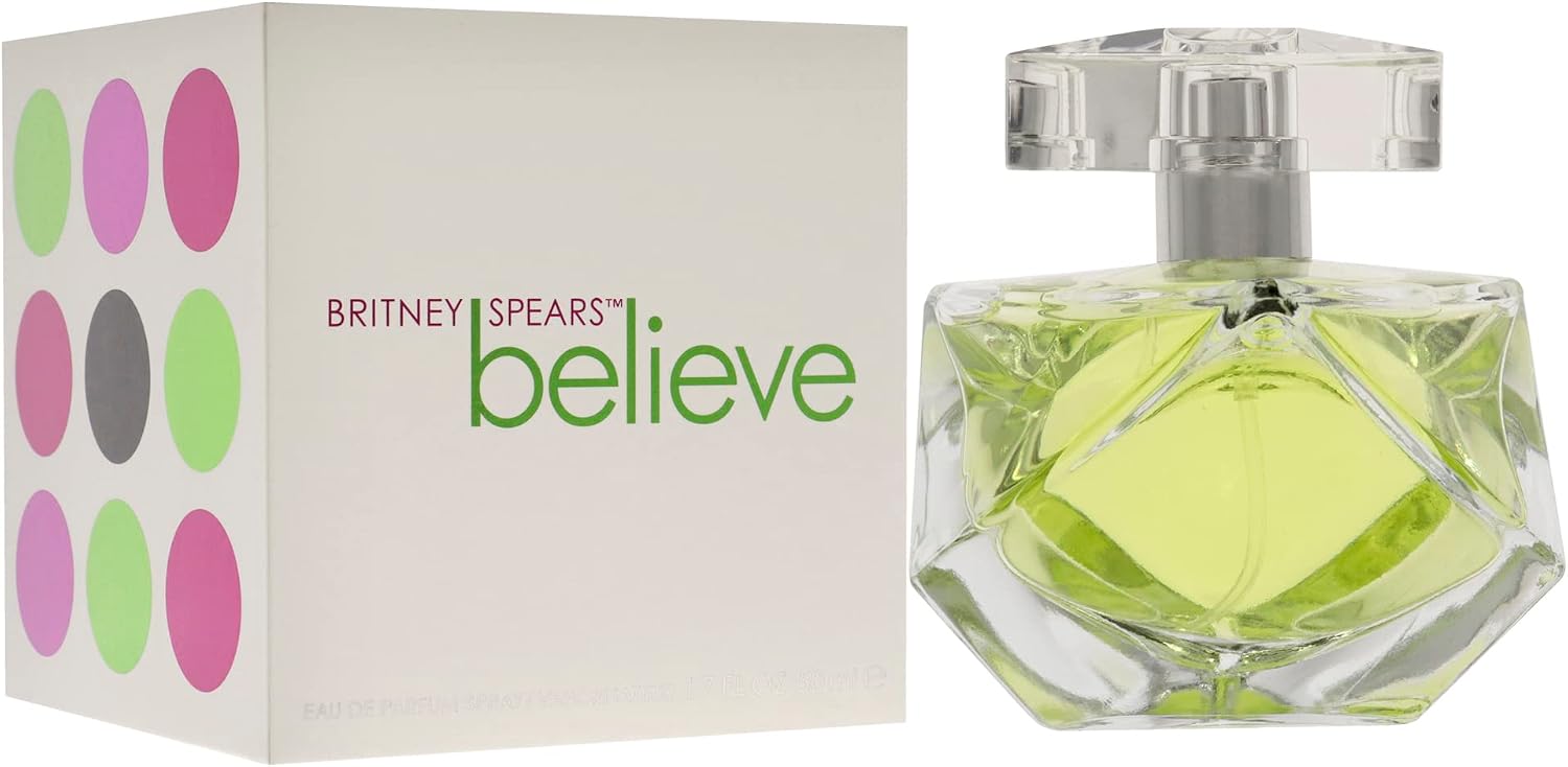 Britney Spears Believe Eau de Parfum spray for women, 100ml bottle with floral and fruity fragrance details.