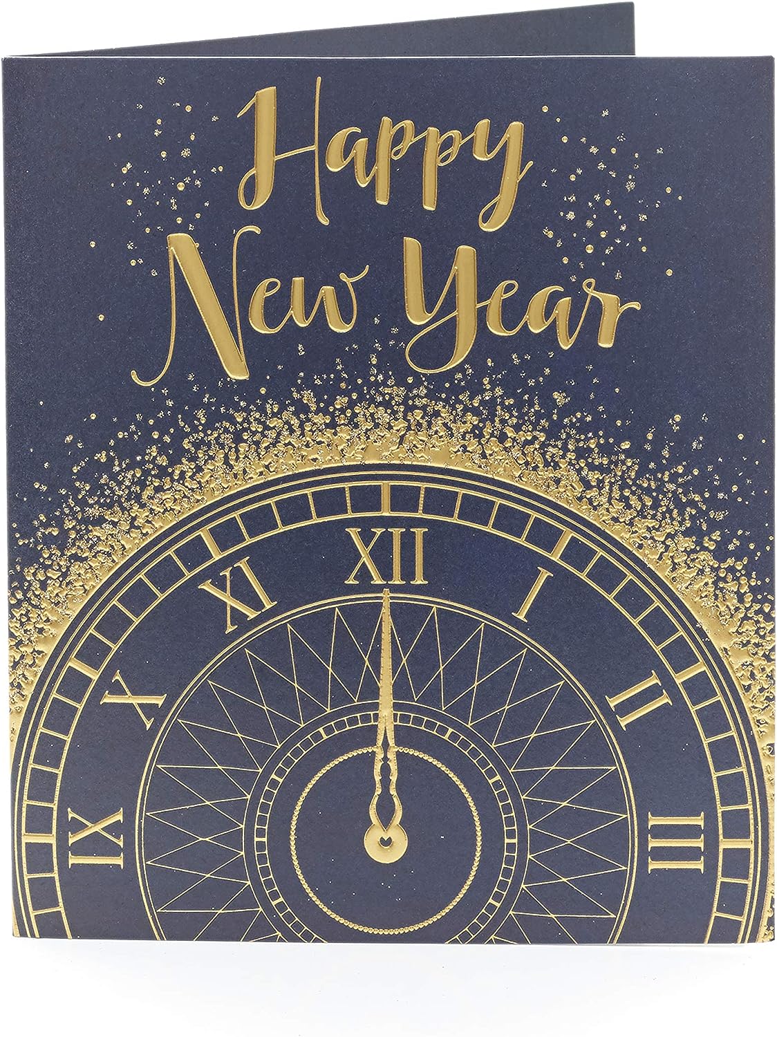 Happy New Year Classic Clock Glitter Christmas Greeting Card