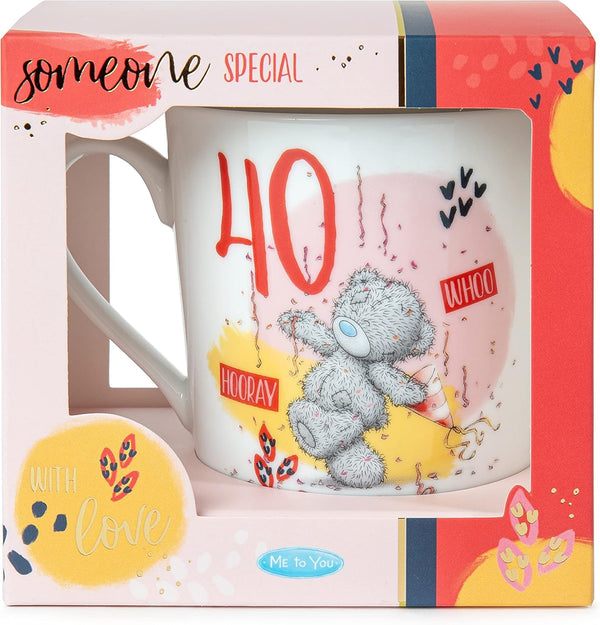 White ceramic "Me To You Bear" 40th birthday boxed mug by Carte Blanche, featuring a cute bear design on the front.