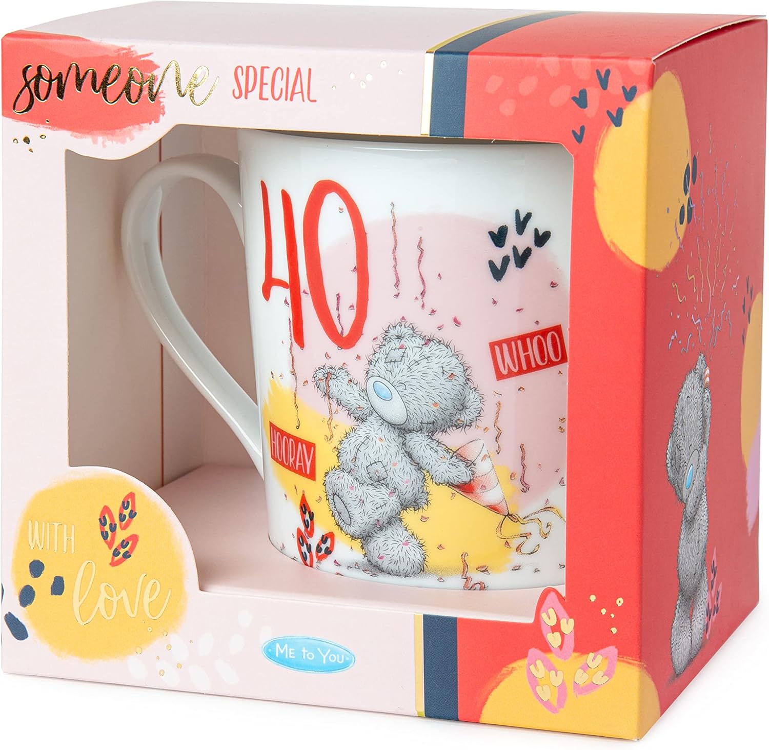 White ceramic Me To You Bear 40th birthday boxed mug by Carte Blanche, featuring a cute bear design on the front.