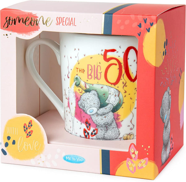 White ceramic Me To You Bear 50th Birthday boxed mug with Tatty Teddy design by Carte Blanche.