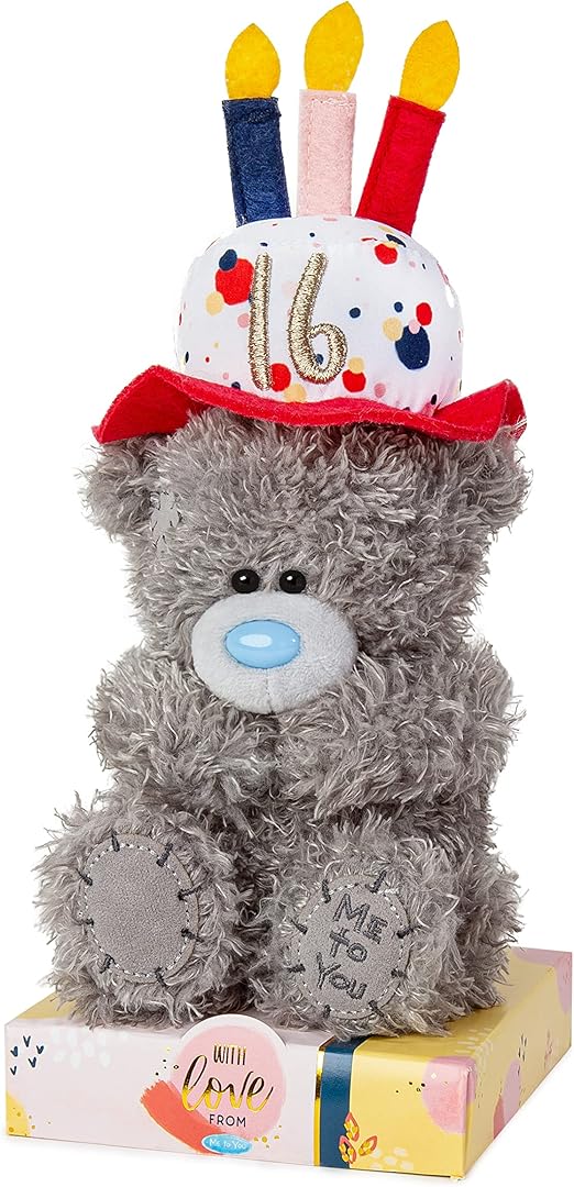 Gray Me To You Bear wearing a hat, celebrating a 16th birthday, by Carte Blanche, standing with a cheerful expression.