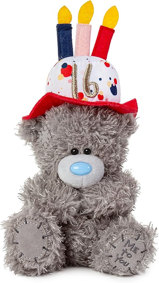 Gray Me To You 7-inch birthday bear wearing a hat, collectible plush toy by Carte Blanche.